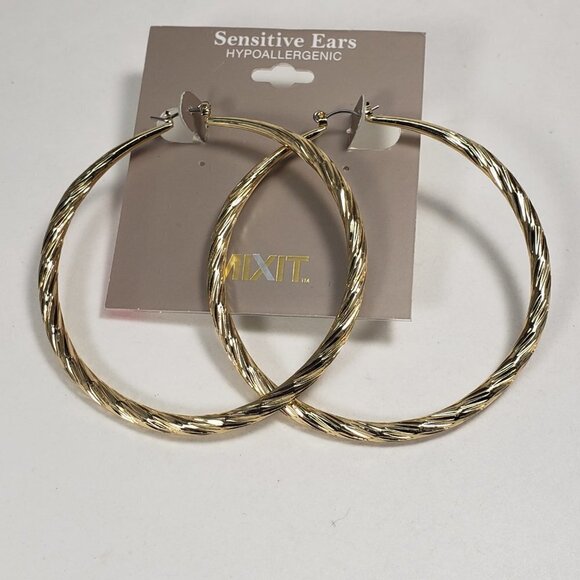 Women's Stunning Gold tone Twisted Design Big Hoop Earrings - 2.75" in Diameter - Picture 4 of 7